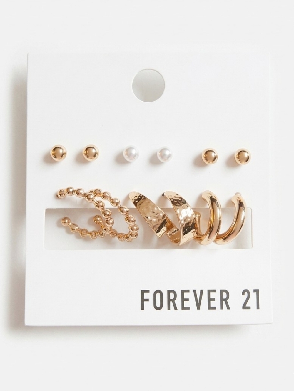 Forever 21 Gold & Pearl Fashion Earring Set - 6 Pairs Mixed Studs & Hoops